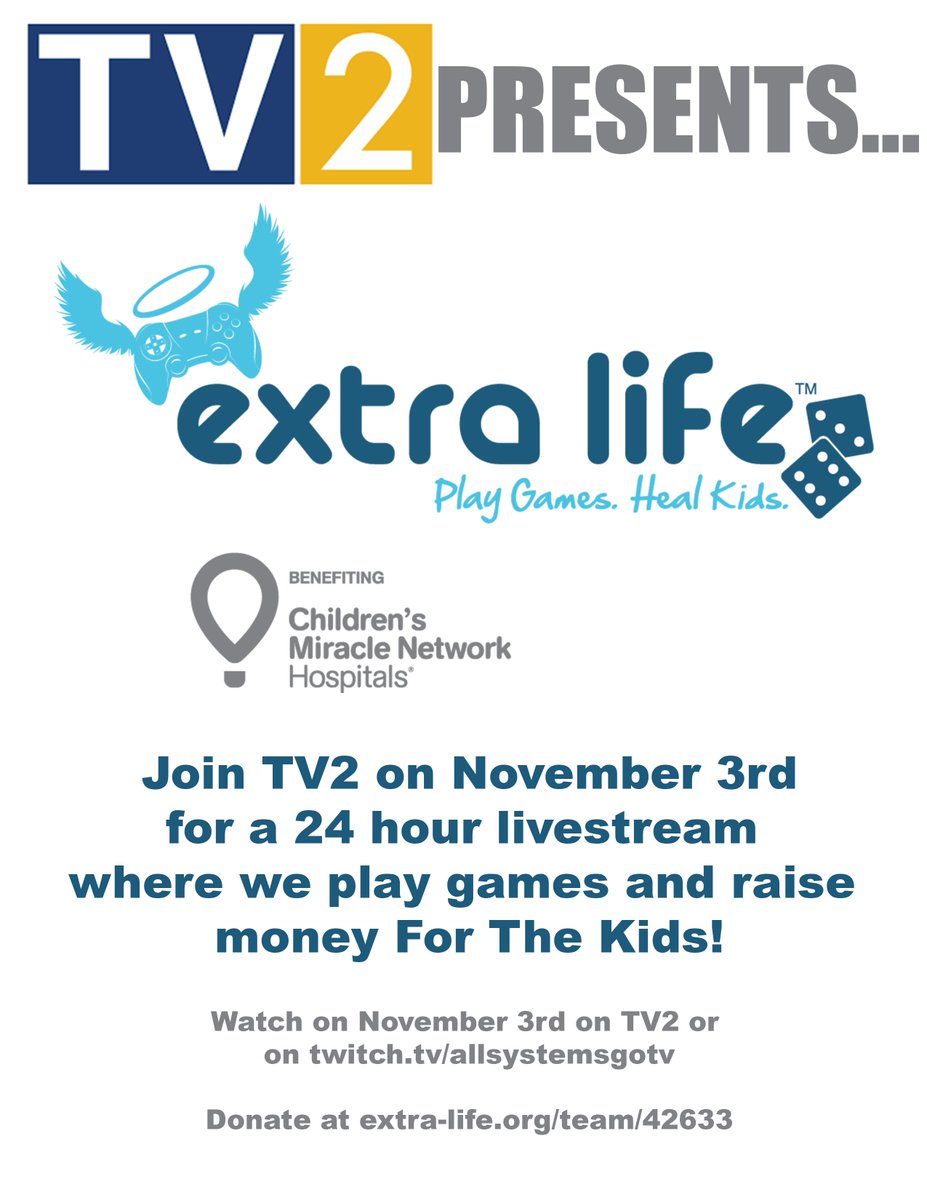 RoleCallComedy's tweet image. Join us for TV2's Charity livestream - Extra Life - today, starting at 12:00PM! Role Call will be on from 2:00-5:59PM!
twitch.tv/AllSystemsGoTV
