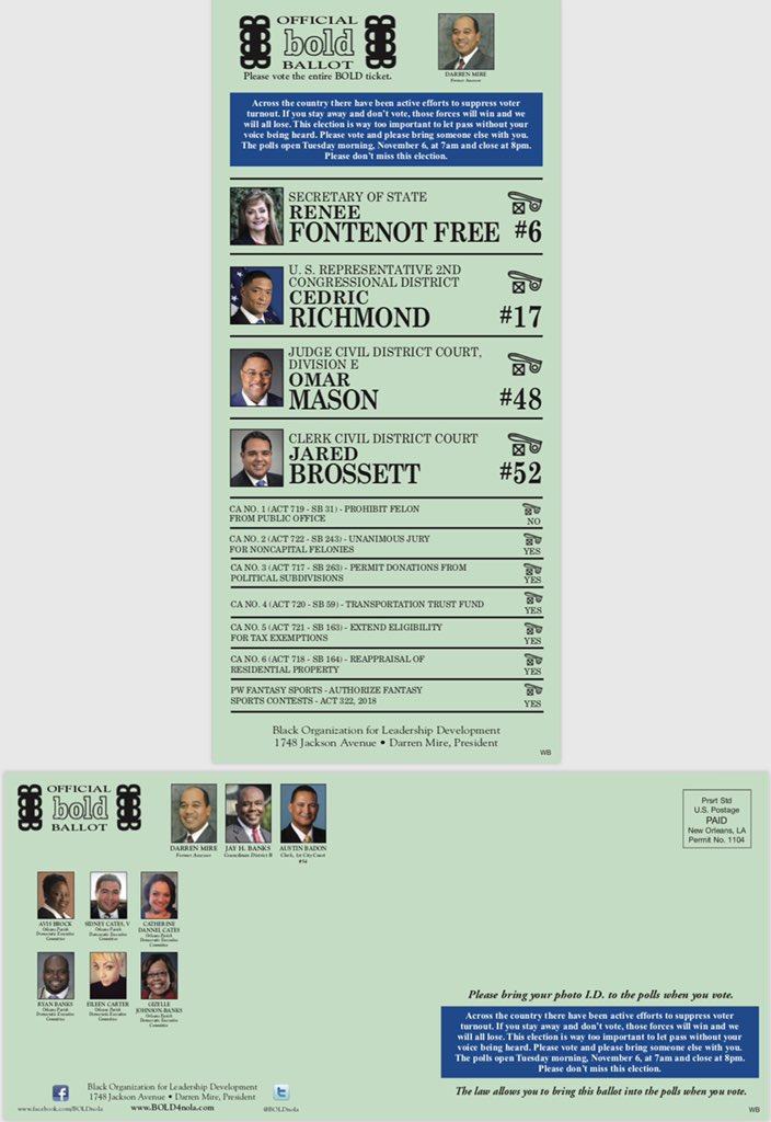 BOLDnola's tweet photo. #westbank #nola here’s your #ballot #gotv and #vote the e tire ticket. https://t.co/VktGic1KN8