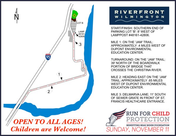 BeauBidenFdn's tweet photo. #ThisJustIn: Our 2018 #RunForChildProtection will be only the 2nd 5k to use a NEW course along the Jack A. Markell Trail Delaware Greenway - an off-road pathway w/ elevated boardwalk + paved pathways extending from @RiverfrontWilmington to the Wildlife Refuge and into New Castle https://t.co/VlfO3oc8jw
