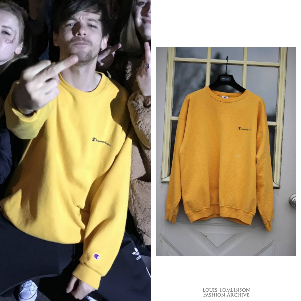 Louis Tomlinson Fashion Archive on X 11 03 18 Louis wore a vintage ChampionUSA Script Logo Crewneck Sweatshirt available on Grailed for 70 https t lPyUobmv18 https t N842BrJsxn X