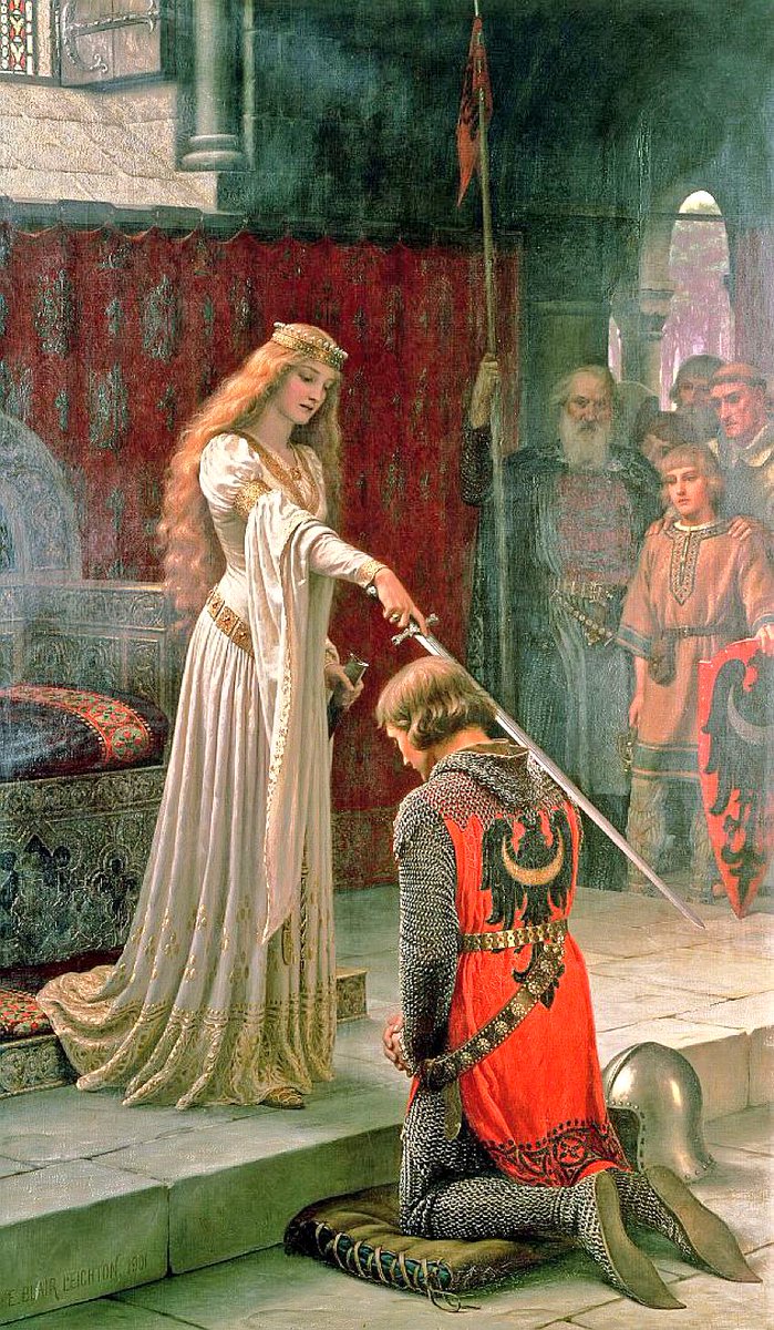 “The Accolade”, 1901
by 
Edmund Leighton 
(UK,1852-1922).
He was a painter of historical genre scenes, specializing in Regency and medieval subjects.
#painting #EdmundBlairLeighton