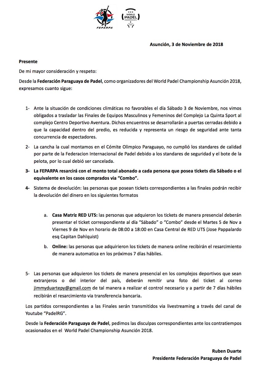 Luego de estar reunidos con la Federación Internacional de Padel, comunicamos desde la Federación Paraguaya de Padel ante los inconvenientes del World Padel Championship registrados el día Sábado 3 de Noviembre.

Transmisión en vivo de las finales ➡ bit.ly/finalswpc