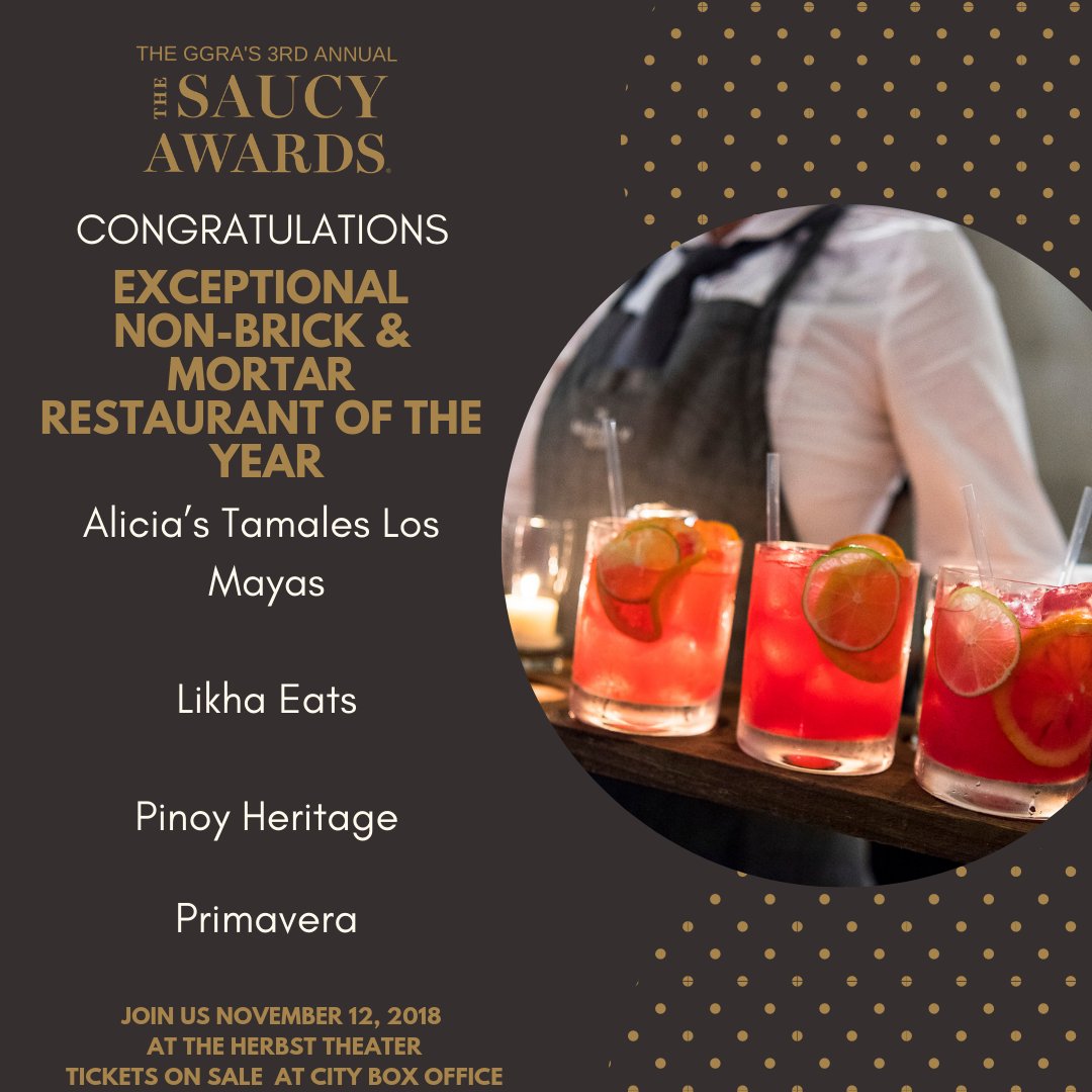 Congratulations #SaucyAwards Exceptional Non-Brick &amp; Mortar Restaurant nominees <a href="/Pinoyheritagesf/">Pinoy Heritage</a>, <a href="/aliciatamales/">Alicia’s Tamales Los Mayas</a>, Primavera at @CUESA farmer's market, &amp; Likha Eats!

Big thanks to <a href="/GatherTech/">株式会社ギャザテック</a> for presenting this #Saucys18 award. 

Buy your tickets today: bit.ly/2SuiA3C