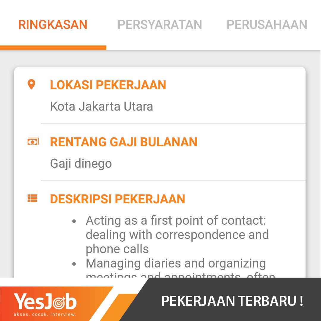 YesJobApp's tweet image. Buat kamu lulusan akademi sekretaris ada loker yang cocok buat kamu nih. Lokasi pekerjaannya di Jakarta Utara, buat kamu yang domisili disitu buruan download aplikasi YesJob dan lengkapi profile registrasinya. Siapa tau kamu yang cocok dengan pekerjaan ini. Sukses ya! #secretary