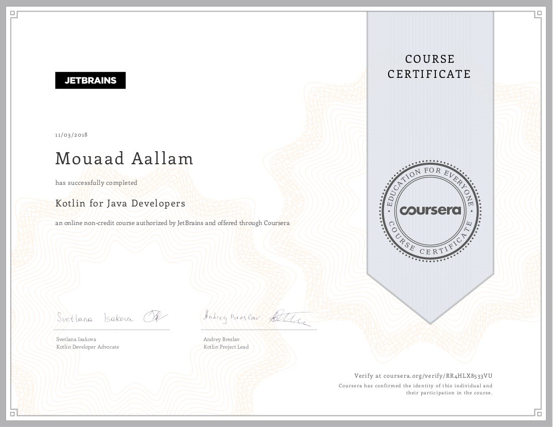 “Kotlin for Java Developers” by <a href="/sveta_isakova/">Svetlana Isakova</a> and <a href="/abreslav/">Andrey Breslav</a> is the best course out there for <a href="/kotlin/">Kotlin by JetBrains</a> beginners!
Special thanks to <a href="/jetbrains/">JetBrains</a> and <a href="/coursera/">Coursera</a> :)