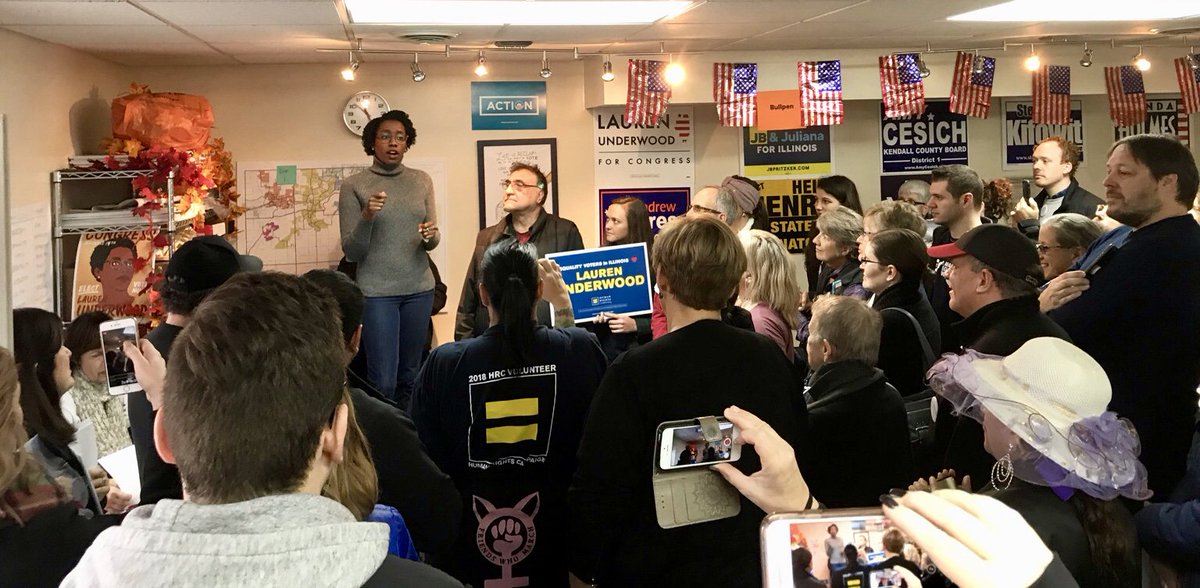 LaurenUnderwood's tweet photo. #TeamUnderwood, the energy is on our side. Our four offices across the district are PACKED with volunteers. We have one more weekend: let's make it count! https://t.co/0jGvmgUKt9 https://t.co/xB9oicXLMH