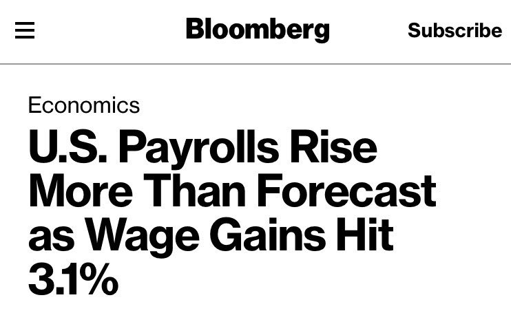 From Bloomberg: “American workers enjoyed the biggest leap in pay since 2009 as job gains topped forecasts and the unemployment rate held at a 48-year low.”