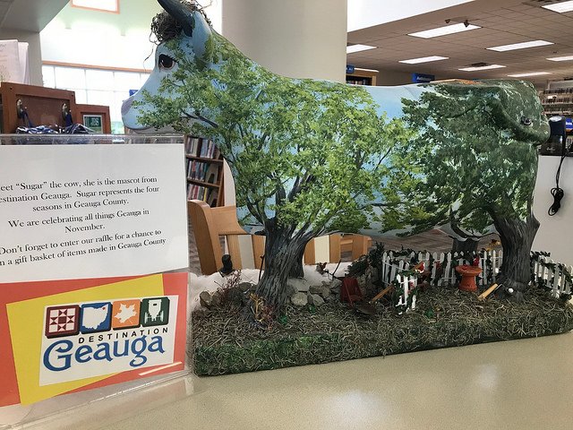 GeaugaLibrary's tweet image. Stop by our Geauga West Branch to enter to win the "Grown in Geauga" gift basket. Take a look at the amazing Sugar the Cow while you are there, on loan from Destination Geauga. @GeaugaCo