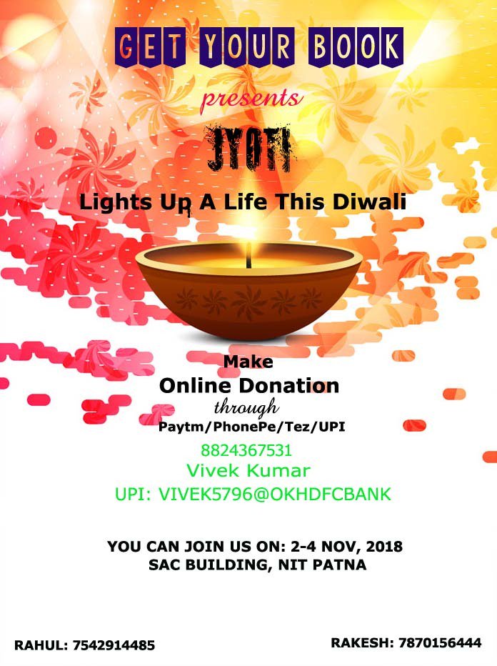 getyourbookgyb's tweet photo. Thousands of candles can be lighted from a single candle, and the life of the candle will not be shortened. Happiness never decreases by being shared.

Celebrate this Diwali by sharing happiness with slum kids. Pack a gift and send to us on tomorrow between 10am-3:30pm @nitpatna. https://t.co/sDJnVdx0Su
