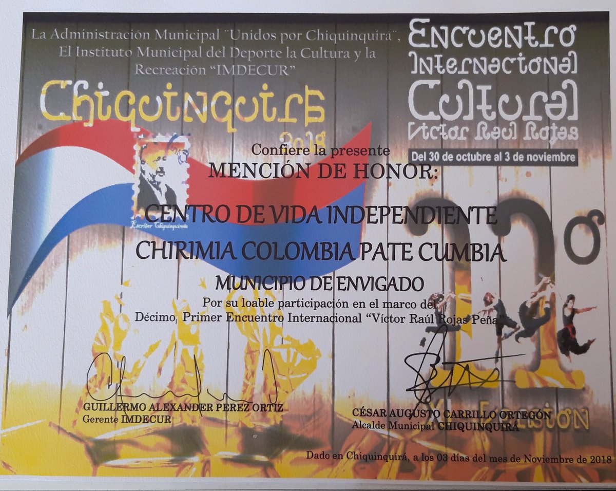 ALFIME's tweet image. Mención de honor que nos confiere el #EncuentroInternacionalCulturalVictorRaulRojas y la @AlcChiquinquira en su 11° Versión.

El Honor es para nosotros de poder representar a #Envigado y dejar su nombre en alto 
@AlcaldiaEnv
Gracias #Chiquinquirá