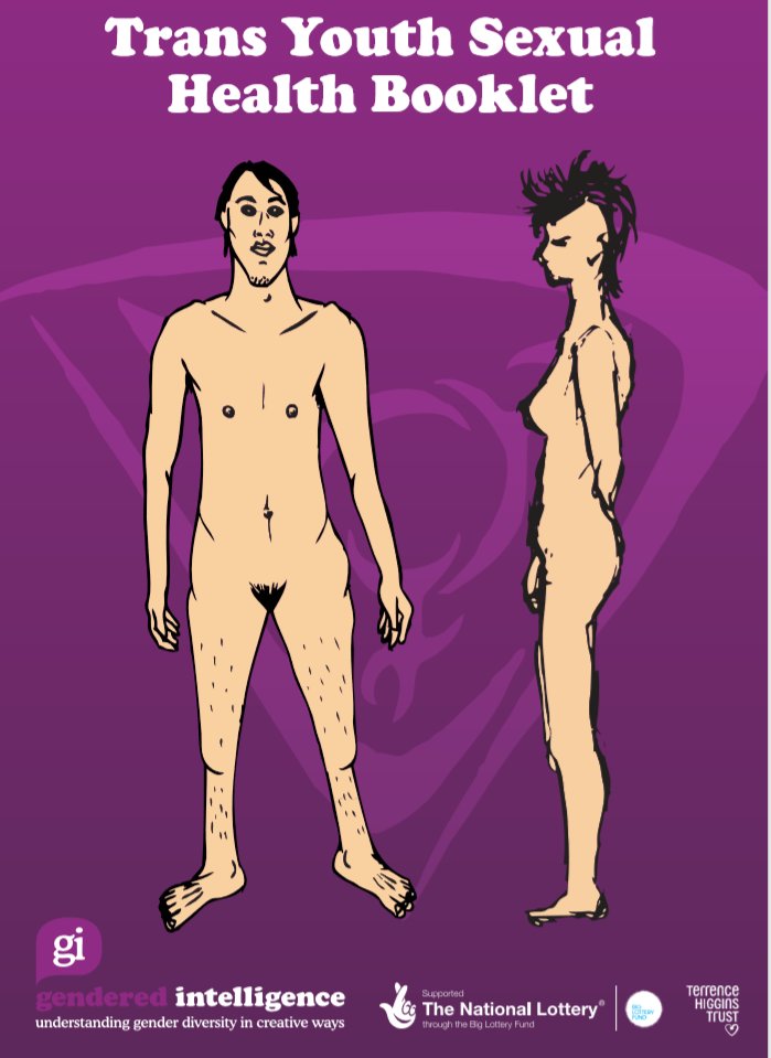 Teenagers are told to take guidance on sexual health from "Gendered Intelligence". So let's see.The woman's breasts have been surgically removed and the man has some implants.They both are on hormones, but still have their genitals.And the graphics! http://cdn0.genderedintelligence.co.uk/2012/11/17/17-14-04-GI-sexual-health-booklet.pdf