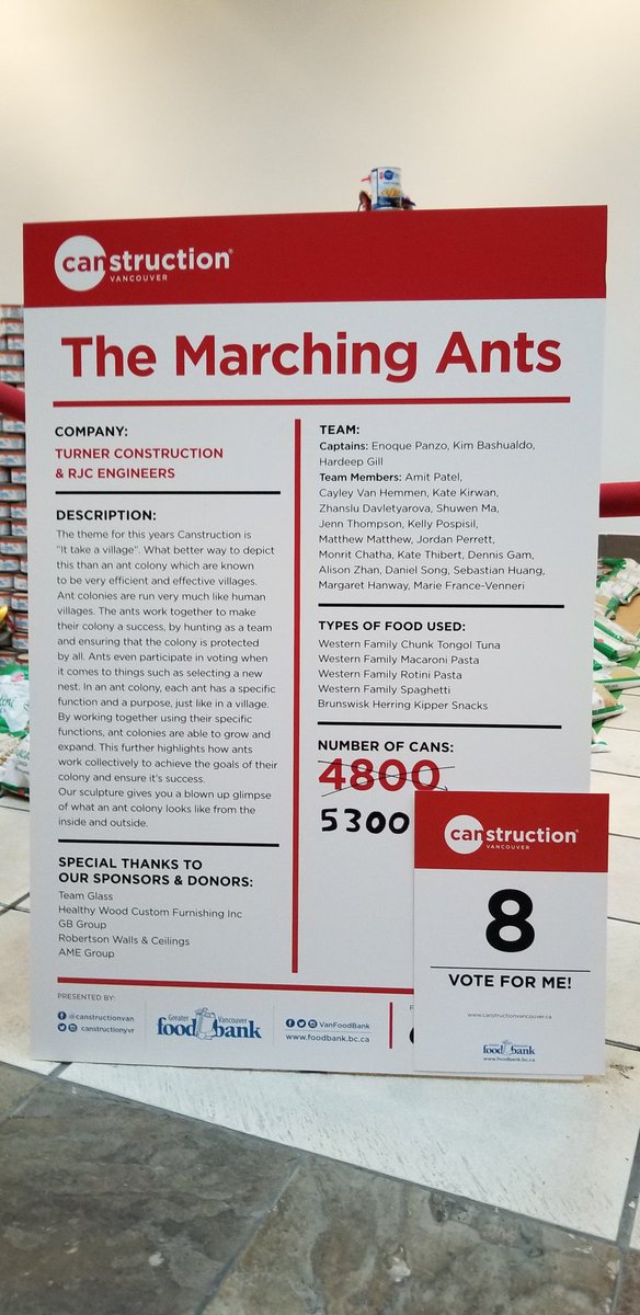 RogerSteers's tweet photo. The Marching Ants by @Turner_CDN @RJC_Engineers for @CanstructionYVR . Get out to @TCOLougheed @LougheedCentre to vote for # 8! https://t.co/2ajcEjvxJL