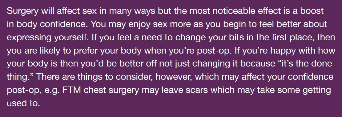 Now if you get some of your pesky bits such as your penis or your breasts cut off, you'll feel much more confident about your body! And sex will be so much better!Scars instead of breasts might take getting used to though.But you don't HAVE to do it.Though it's the done thing.