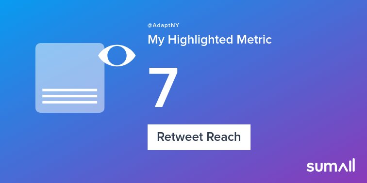 AdaptNY's tweet image. My week on Twitter 🎉: 1 Retweet, 7 Retweet Reach, 1 New Follower. See yours with sumall.com/performancetwe…