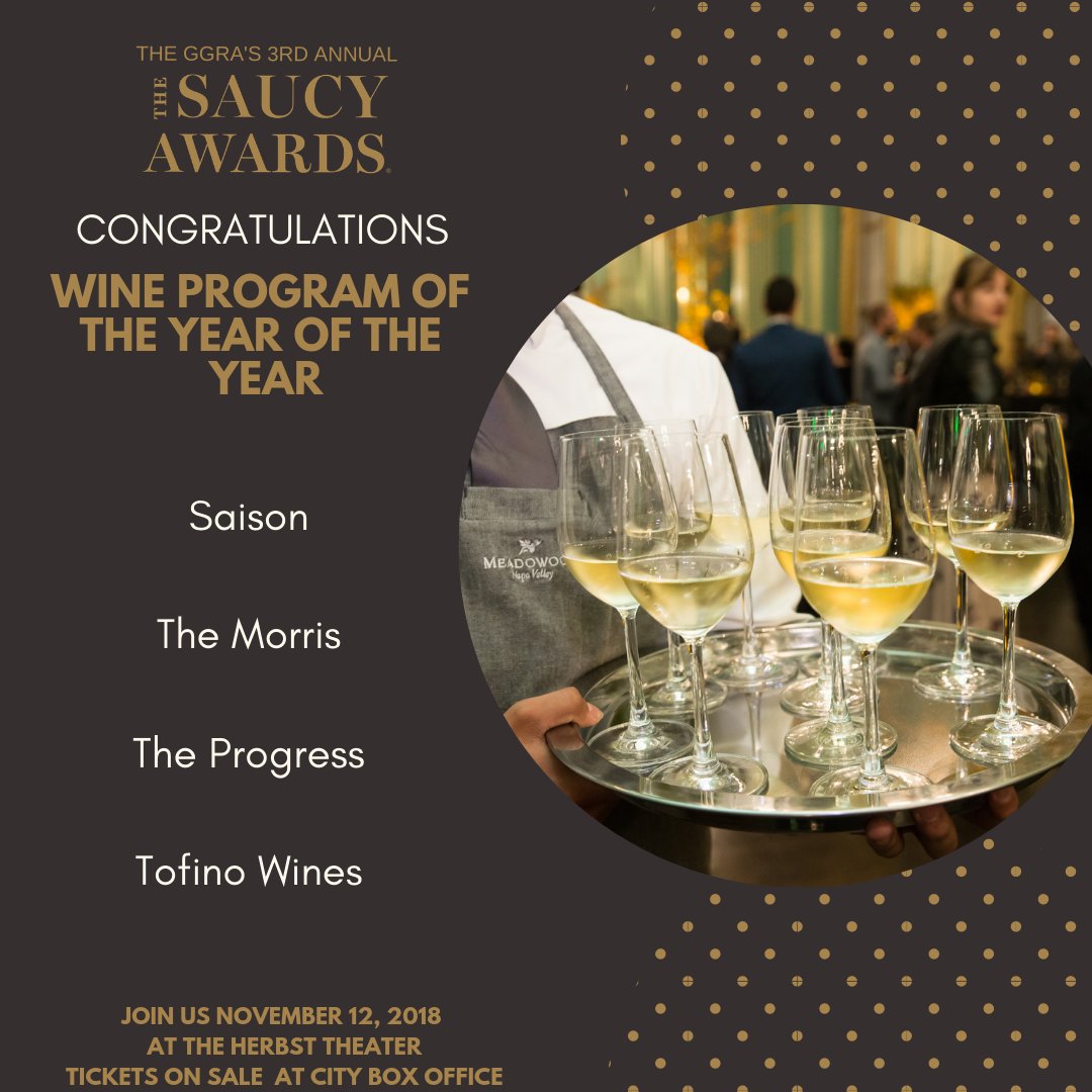 As this lovely Saturday evening begins, we raise our glasses to these establishments on their well deserved #SaucyAwards Wine Program of the Year nominations: <a href="/Saison_SF/">Saison San Francisco</a>, <a href="/TofinoWines/">TOFINO WINES</a>, <a href="/themorris_sf/">The Morris</a>, <a href="/thePROGRESS_sf/">The Progress SF</a> !
Cheers! 

Join us next Monday, Nov 12! bit.ly/2SuiA3C