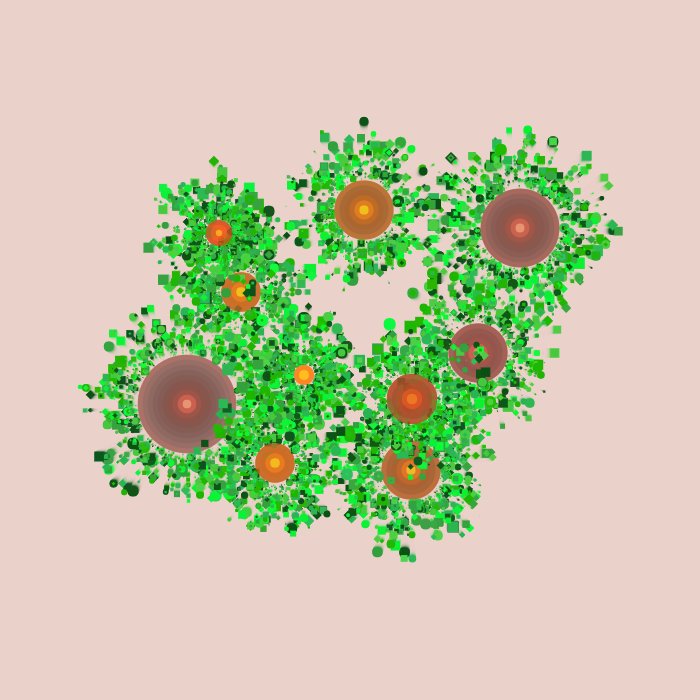 Abstract computer-generated art. A bunch of orange circles surrounded by stems built with green circles and squares. They don't look much like carrots except for the colours.