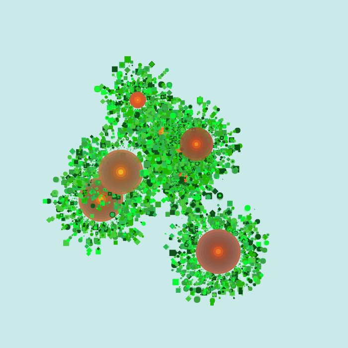 Abstract computer-generated art. A bunch of orange circles surrounded by stems built with green circles and squares. They don't look much like carrots except for the colours.