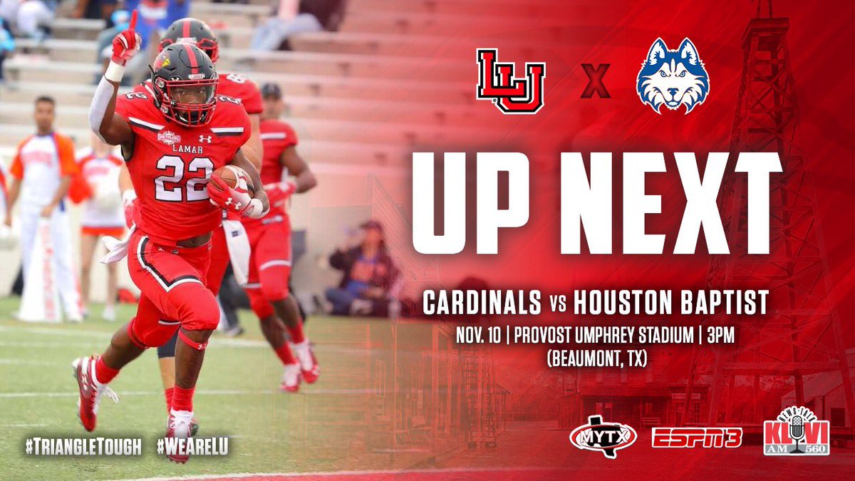 LamarAthletics's tweet photo. 4 in a ROW 🙌@SouthlandSports wins for @LamarFootball!  2nd Top 25 win 3 weeks! 🔥Cardinals improve to 5-4 in Conf play! 📣 Host HBU next Saturday in the final home game of the season! Come out and show this team some support!                    🔴🏈⚫️🔥 #WeAreLU https://t.co/0AhS9fQ589