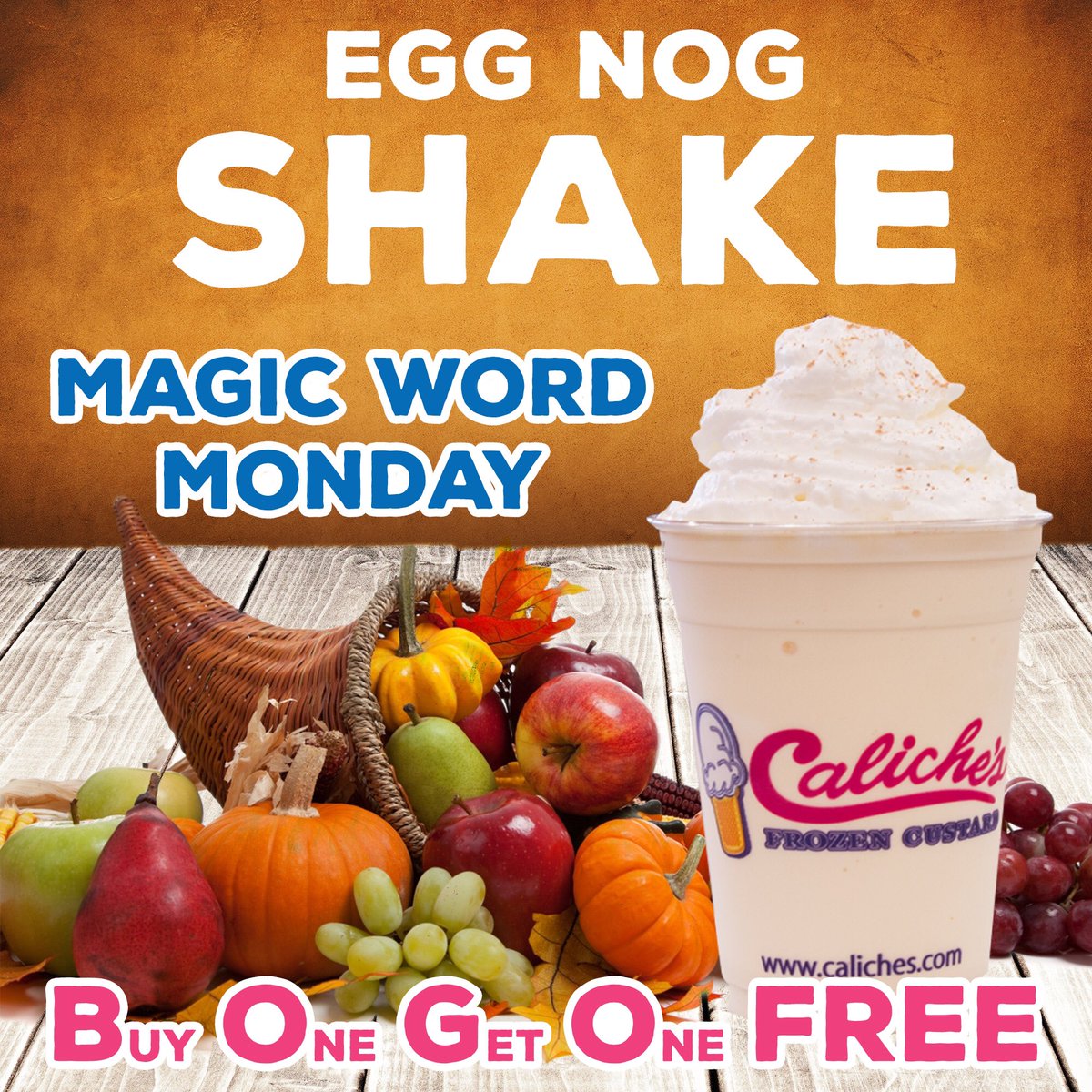 Caliches's tweet photo. Magic Word Monday is here! Buy One Get One FREE Egg Nog Shake this Monday only! November 5th, 2018!
#Ilovecaliches #CalichesFrozenCustard #Caliches #EggNogShake #EggNog #magicwordmonday #mwm #tasty #delicious #scooptroop #BOGO #shake #BuyOneGetOneFree #FREE https://t.co/hsEklDumYp