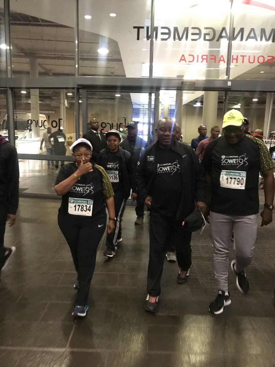 CyrilRamaphosa's tweet photo. I’m back in Soweto today for the #SowetoMarathon - best wishes to all participants. Walking is free - it gives me time to think and to have rich interactions with citizens. I want to encourage you to consider taking up walking or running to maintain healthy lifestyles. https://t.co/c0HmhdbU6z