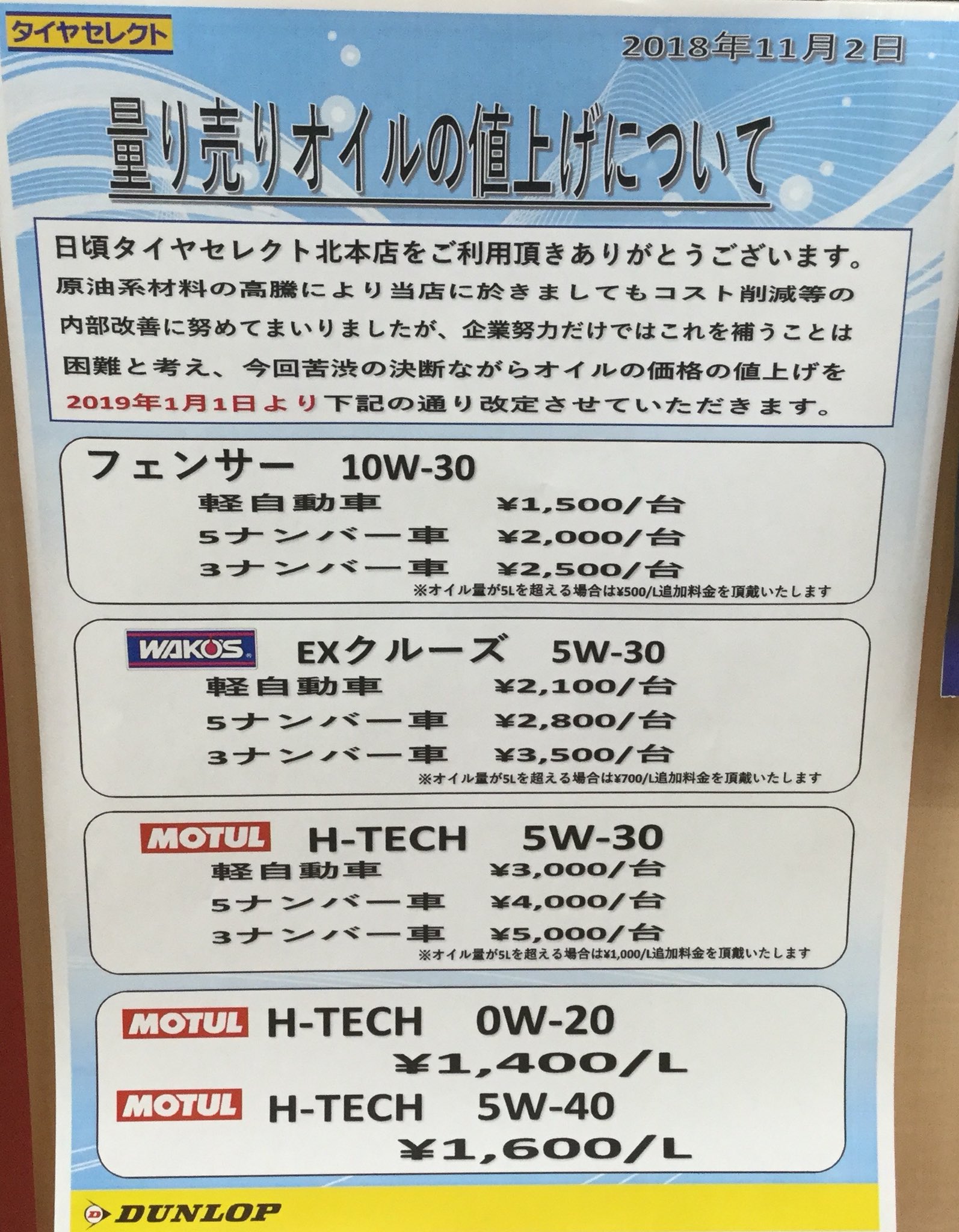 タイヤセレクト北本 量り売りオイル値上げのお知らせ 原油価格高騰の影響により 19年1月より量り売りオイルを値上げ致します ご迷惑をおかけしますが ご了承の程よろしくお願い致します タイヤセレクト北本 T Co Ul068znjdq Twitter