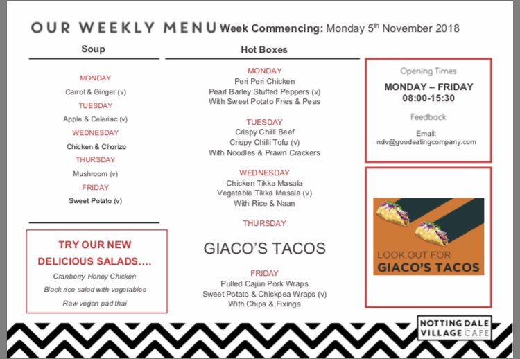 NDVCafe's tweet image. Menu for the week guys and gals. #giacostacos back on Thursday!!!! 
#cheflife