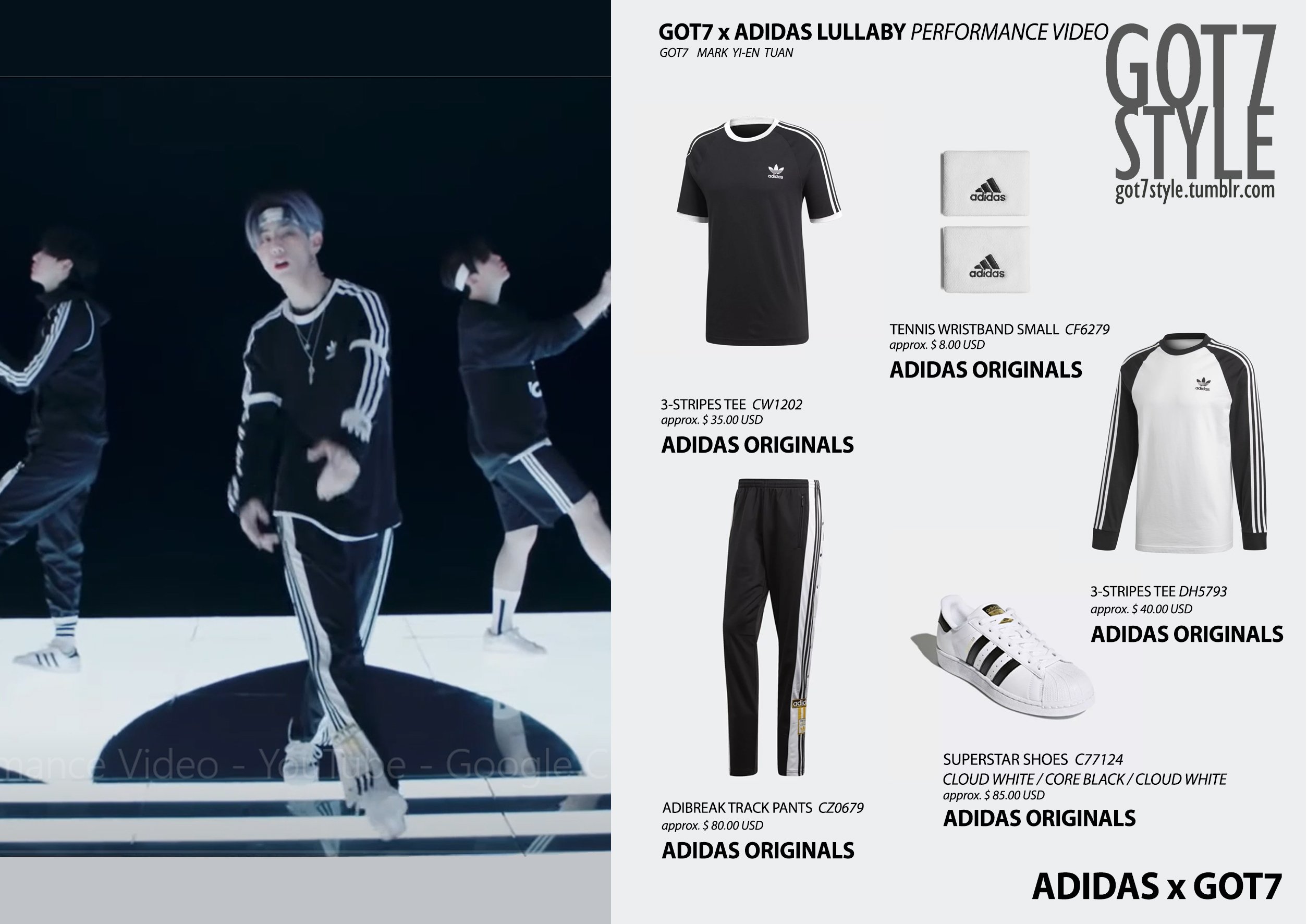 got7style❄️ on "[#GOT7Style] &lt;ADIDAS ORIGINALS&gt; - 3-STRIPES TEE CW1202 + 3-STRIPES TEE DH5793 PANTS - ADIBREAK TRACK PANTS CZ0679 SHOES - SUPERSTAR SHOES C77124 ACCESSORIES - TENNIS WRISTBAND SMALL CF6279 #