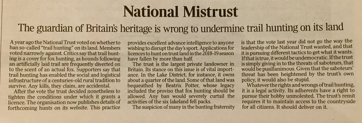 For 18 months <a href="/nationaltrust/">National Trust</a> has made a series of bad decisions over trail hunting. It has consistently mistaken animal rights activism for public opinion &amp; failed to consult with local people including its own tenants. Will this <a href="/thetimes/">The Times and The Sunday Times</a> leader bring it to its senses?