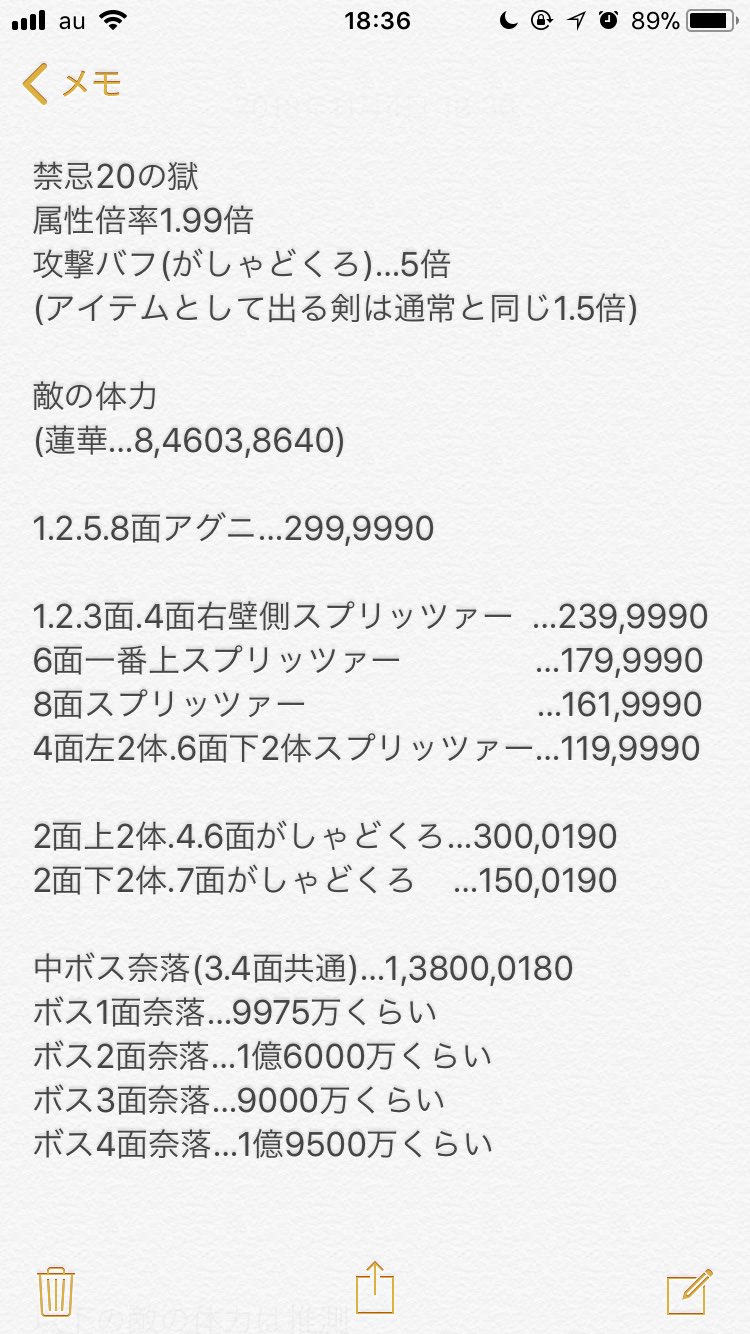 ぽけぽけ On Twitter ぽけぽけメモ 禁忌20の獄 敵の体力 殴り倍率とかとか 雑魚の体力の種類が多いのでリプライに各面の10 スクショを貼っときます