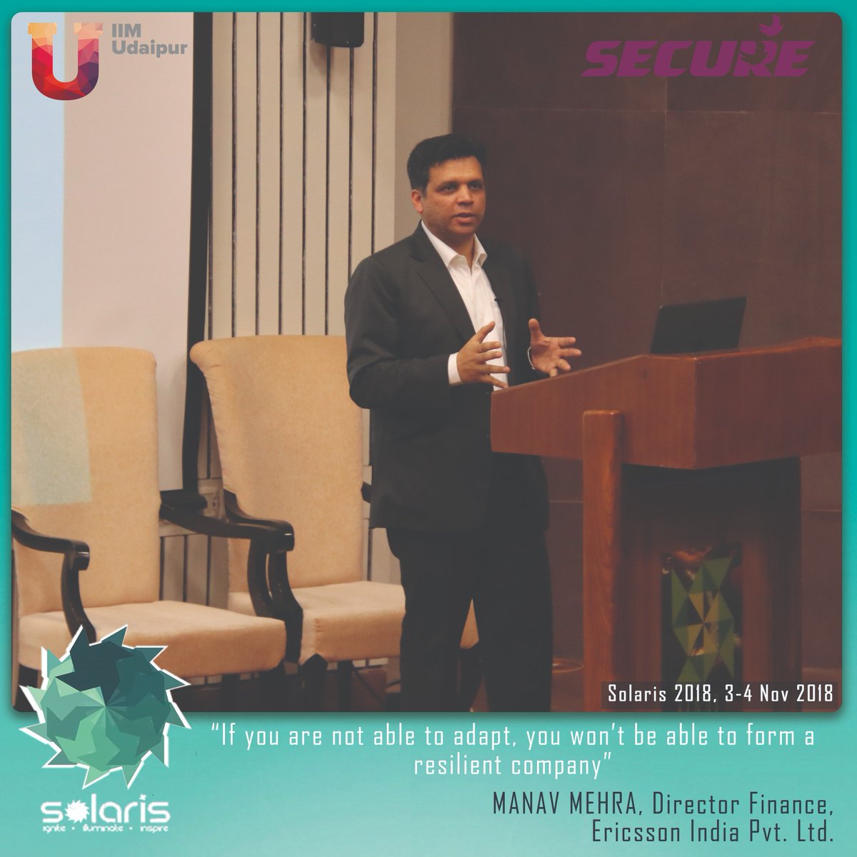 IIM_Udaipur's tweet photo. Mr. Manav Mehra started the session by focussing on the fact that change is the only constant & how companies react to a change decides their future . He shared the examples where successful organizations failed because they resisted to change.
#IIMU #Solaris2018 #ArthSamvaad https://t.co/M3RvkfNnRb