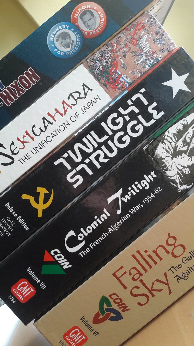 The @gmtgames wall is growning #boardgame #jeudesociete #coin #twilightstruggle #sekigahara #colonialtwilight #fallingsky #1960kennedycontrenixon french version of the making président #filosofía