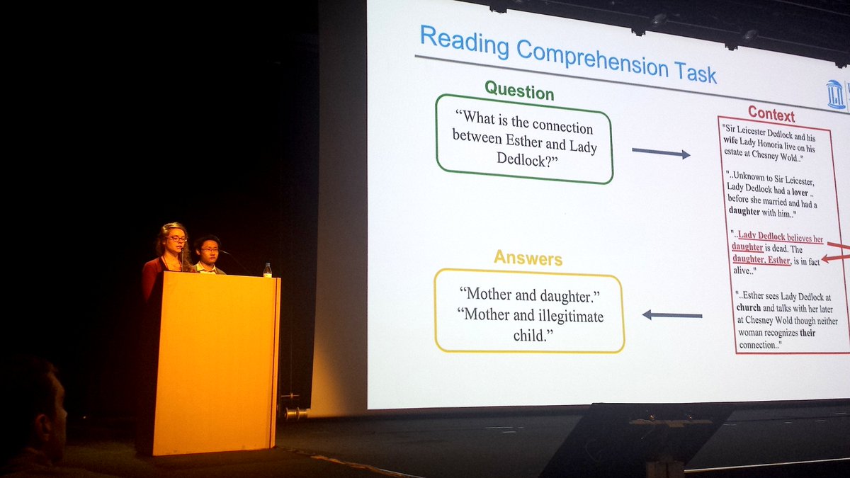 Nov4 morning: happening now! Lisa Bauer (<a href="/lbauer119/">Lisa Bauer</a>) &amp; Yicheng Wang (<a href="/yeech_w/">Yicheng Wang</a>) presenting their #EMNLP2018 talk on "Commonsense for Generative Multi-Hop Question Answering Tasks" in Gold Hall session 10A: Question Answering III.

Paper: arxiv.org/abs/1809.06309

#EMNLP2018 #NLProc