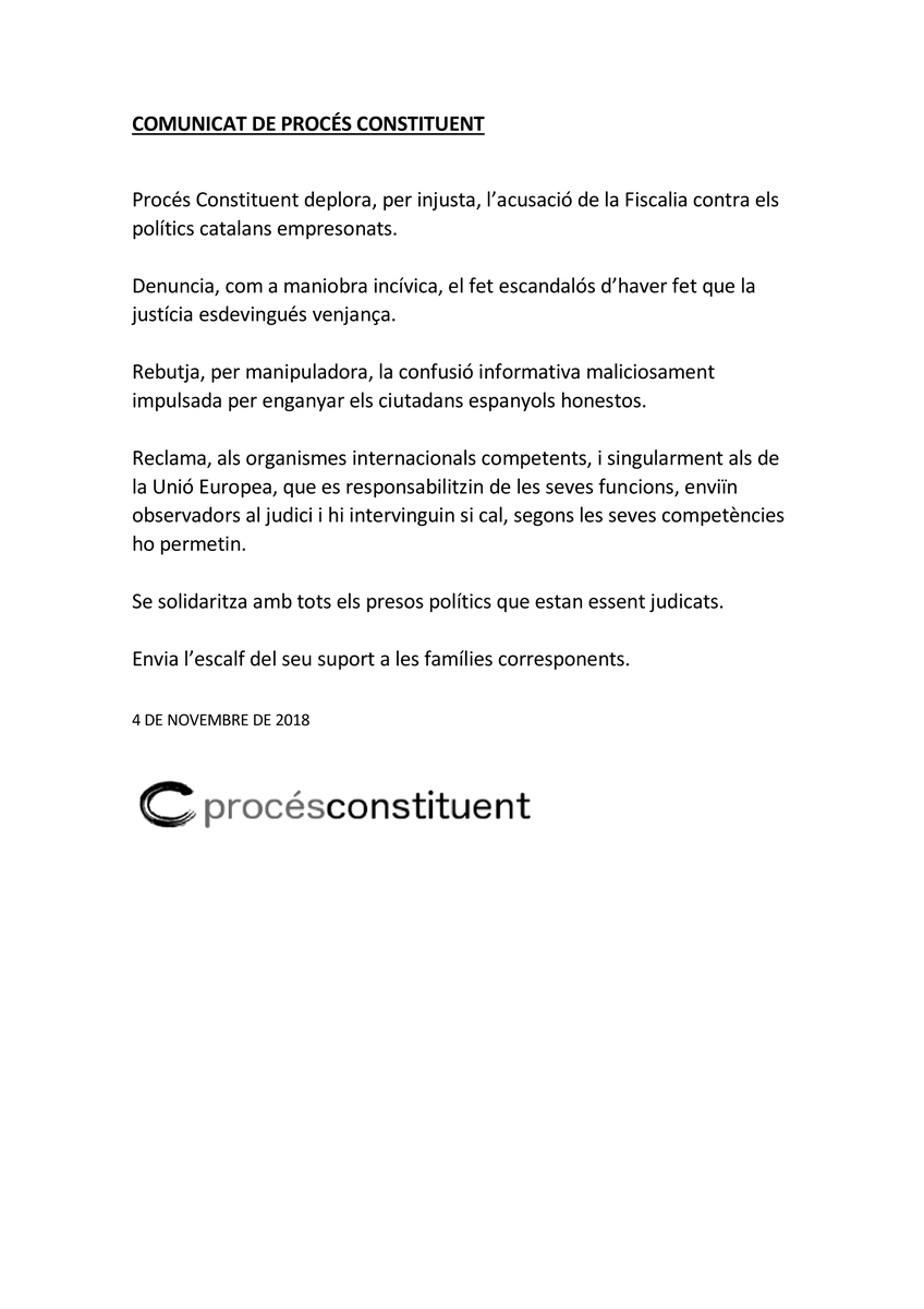ProcesConst's tweet photo. [COMUNICAT]
 @PConstituent deplora, per injusta, l’acusació de la Fiscalia contra els polítics catalans empresonats.....
Se solidaritza amb tots els presos polítics que estan essent judicats.   Envia l’escalf del seu suport a les famílies corresponents. 

#LlibertatPresosPolítics https://t.co/Q0rQhg2gtT