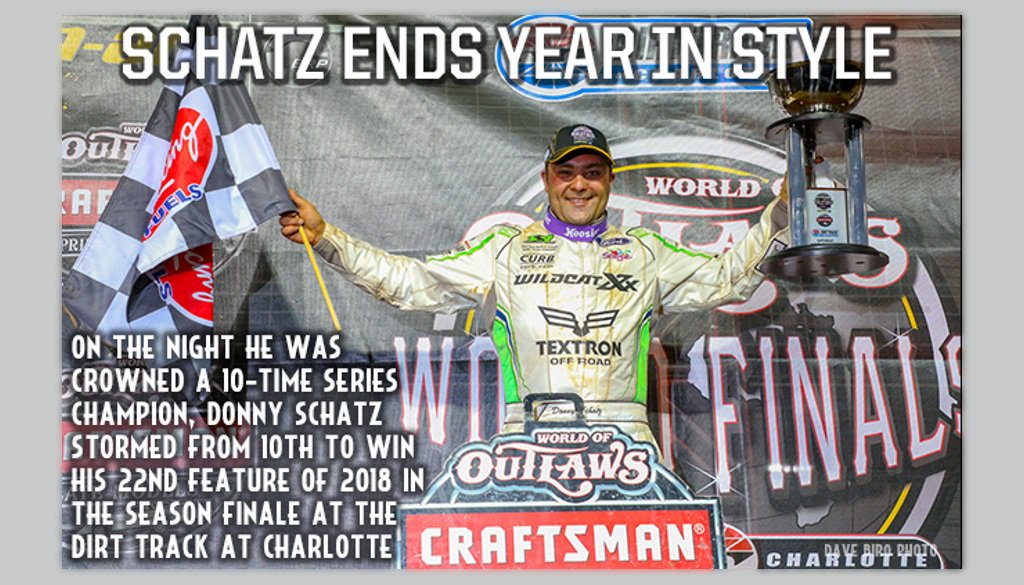 Schatz Wins Thriller from 10th in 2018 Season Finale at Charlotte 
-->  motorracingpress.com/?p=49622
__
<a href="/DonnySchatz/">Donny Schatz</a> @TextronOffRoad <a href="/TonyStewart_Rcg/">Tony Stewart Racing</a> 
#WoOCraftSCS #AllDirtRoads #SprintCars #WorldFinals