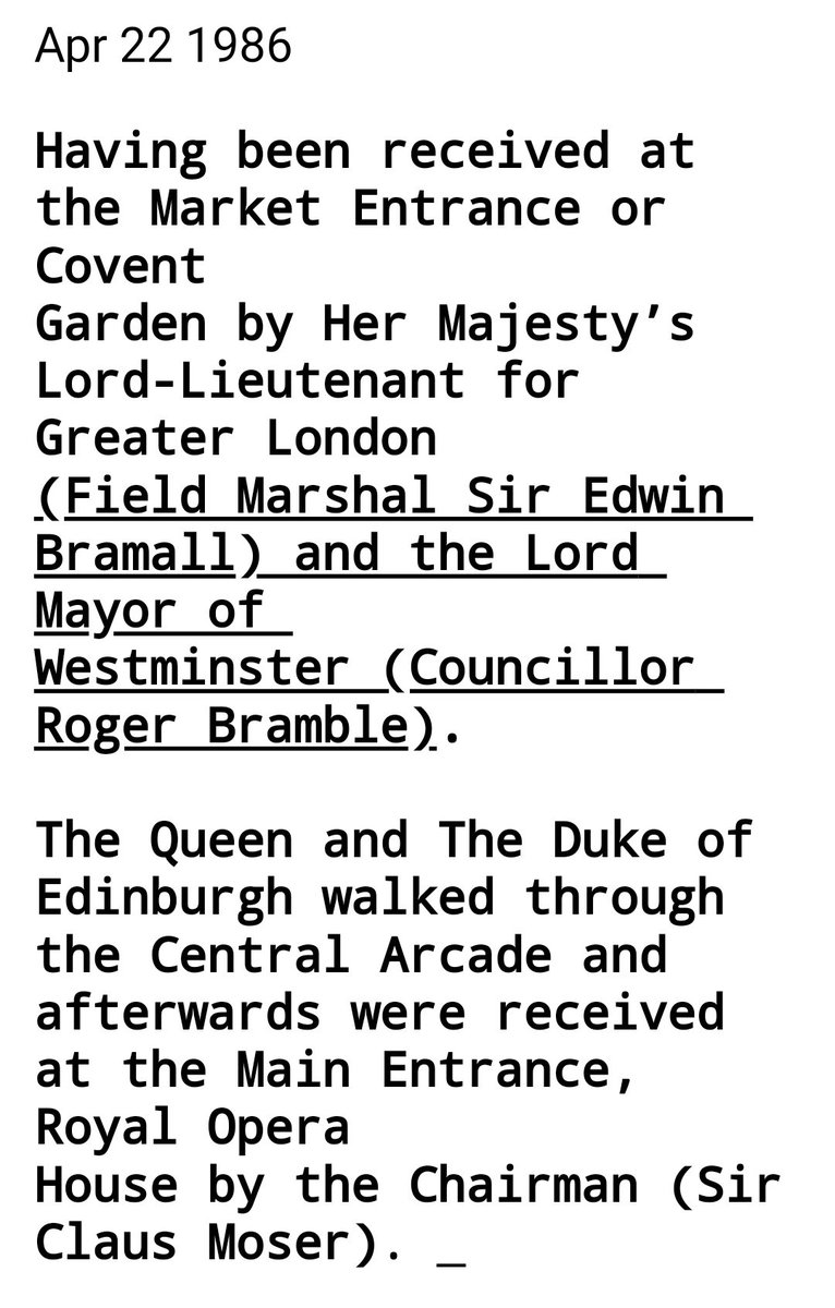 At around the same time Bramble was director of Amsterdam Travel Services and amidst the goings-on of Thatcher cabinet ministers, the Lord Mayor of Westminster can be seen here with Sir Edwin Bramall welcoming QEII and her hubby to Covent Garden.