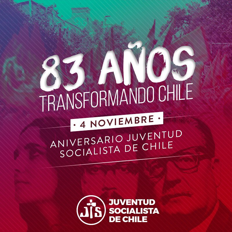 JS_Chile's tweet photo. Un día 4 de noviembre de 1935 nace nuestra Juventud y desde un comienzo las y los jóvenes socialistas han tenido una ferviente convicción de lucha contra las injusticias. Por eso, conmemoremos nuestra historia y sigamos #TransformandoChile ✊🏽

#83AñosJS 
#HaciaUnNuevoChile https://t.co/xghJlwbM7V