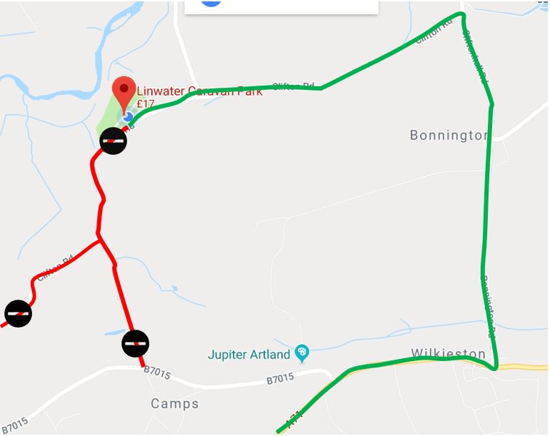 LinwaterPark's tweet photo. Phase 1 of Clifton Road resurfacing between 7 and 24 November.
You will not be able to access the park from East Calder.
From the West on A71 go to Wilkeiston, turn left at lights & follow the tourist signs. See pic. Red = closed Green = Route in
#stillwelcome #callusiflost https://t.co/ksEp14M8Yf