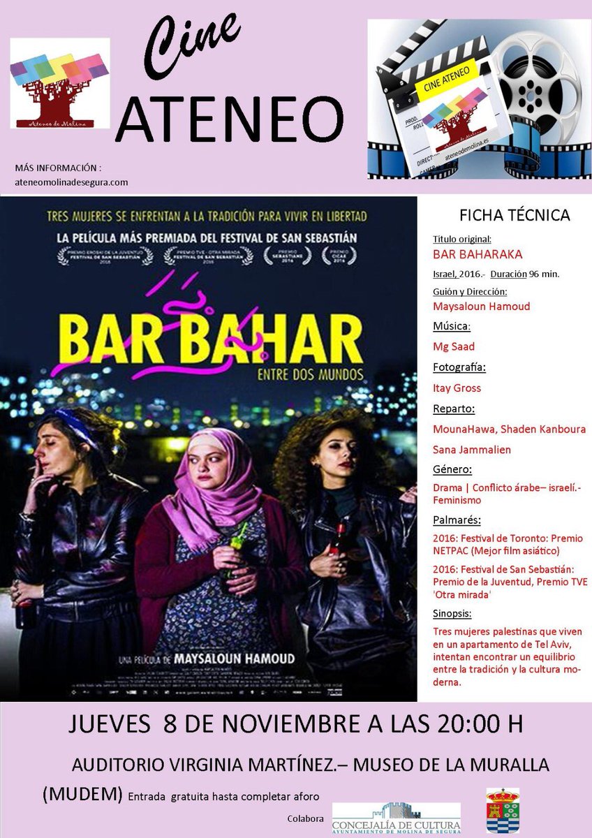 ateneomolina's tweet photo. El próximo jueves 8 de noviembre, el Ateneo proyecta la película Bar Bahat. A las 20:00, en el MUDEM. #CineAteneo #BarBahar #MolinadeSegura https://t.co/JCW6Gr7ang