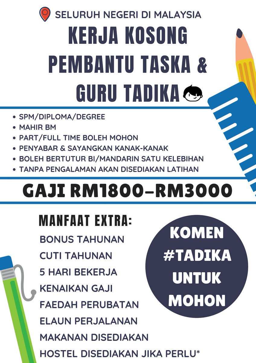 Maukerja Pa Twitter Jawatan Kosong Pembantu Taska Guru Tadika Full Part Time Pengambilan Dari Seluruh Malaysia Guru Tadika Https T Co S8b3vkengt Pembantu Taska Https T Co Ftua37lmoi Rt To Spread This Https T Co Ogz5oqbkpe