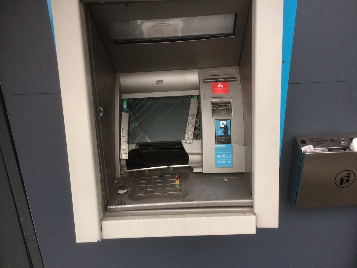 C_Dearden's tweet image. Police investigating after thieves entered Co-op Deganwy in the middle of the night and blew up the cash machine to steal money.  Considerable damage to machine and to store windows.