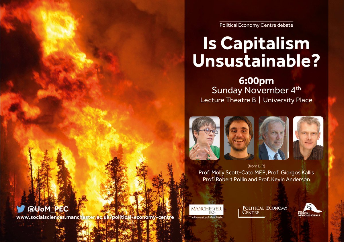 TODAY! // Is economic growth sustainable? What does ecological catastrophe mean for capitalism? Join us at 6pm for a debate with @MollyMEP @g_kallis @KevinClimate and Robert Pollin of @PERIatUMass !  

Event details here: eventbrite.co.uk/e/is-capitalis…

 #McrESRCFest #ESRCFestival