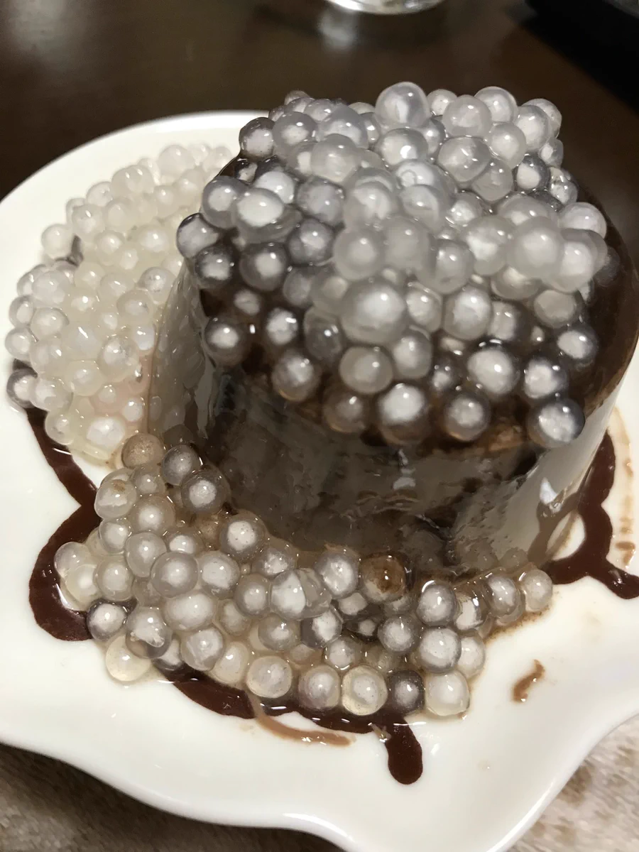 ルンルンでプリンにタピオカをかけたら放送禁止レベルの気持ち悪さにww