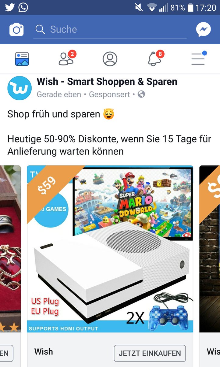 AaronQuante's tweet photo. @malternativ Der Moment wenn dir die Wish-Werbung eine Xbox one mit einem Ps3-Controller und Super Mario 3d World für 60€ andrehen will 😍 https://t.co/C9xPBOk961