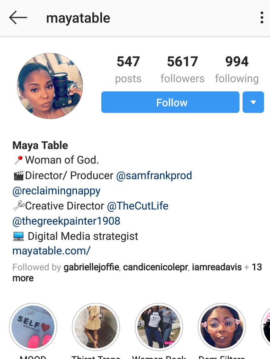 Maya TableIG: mayatableDirector/producer at SamFrankProductions + Reclaiming NappyCreative director of TheCutLife + TheGreekPainter1908Digital Media Strategist