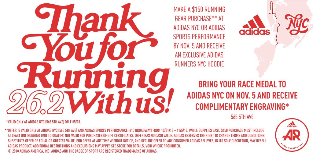 Walter Cunningham Asesorar tortura adidas NYC on Twitter: "Thank you for running 26.2 with us. Bring your race  medal to adidas NYC 5th Ave. on November 5 and receive a complimentary  engraving. https://t.co/tt2SMd7OEe" / Twitter