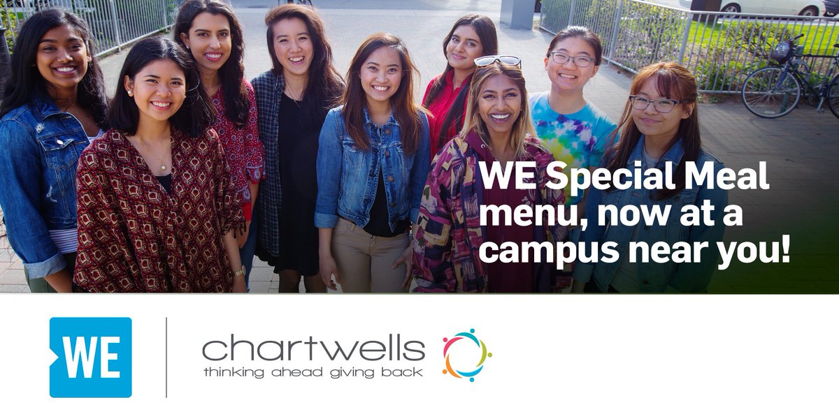 WEMovement's tweet photo. Making a difference one meal at a time!  Our partner @ChartwellsCA is featuring a WE special meal 🏫🏫🏫 across all Chartwells Canada campuses, empowering students to make a difference through their everyday food choices! 
Learn more about the partnership: https://t.co/mjaptdPqS9 https://t.co/HTPDDLKgBG