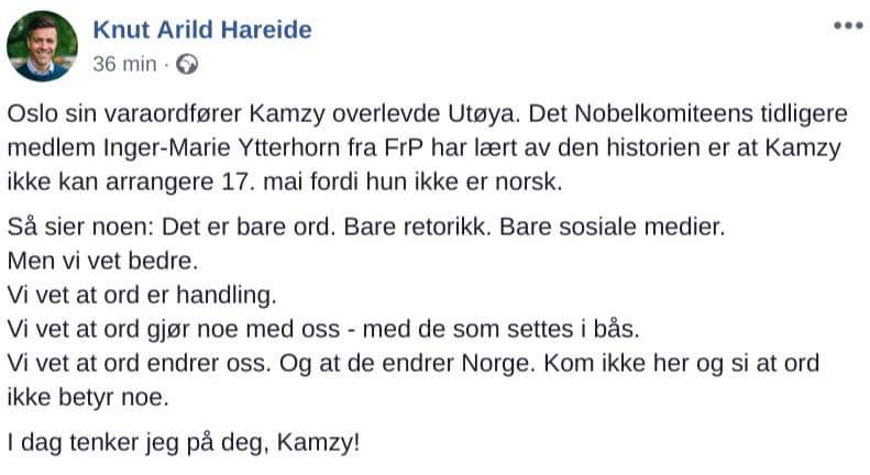 Det <a href="/KAHareide/">Knut Arild Hareide</a> sier.
#Hurrafor17mai