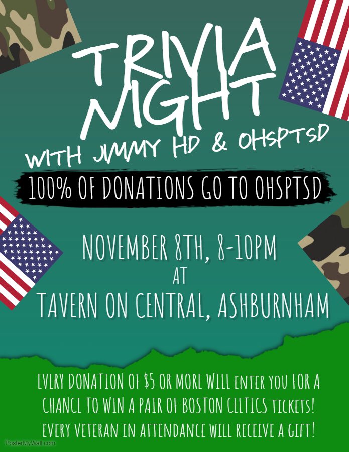 OhsPtsd's tweet photo. In honor of Veterans Day, Jimmy HD &amp; OHSPTSD will be having a Trivia Night THIS THURSDAY. Every donation of $5 will enter you for a chance to win a pair of Celtics tickets &amp; some other great prizes! All donations go to creating care packages that are sent out to those with PTSD! https://t.co/it2b7F4jaU