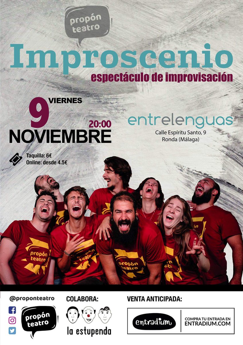 🎭Próxima parada... ¡RONDA!🎭

Nuestro #Improscenio llega a <a href="/entrelenguasays/">entrelenguas</a> y, si no quieres quedarte sin entrada más vale que la reserves con descuento en <a href="/entradium/">entradium</a> 🎟️

3, 2, 1... IMPRO.