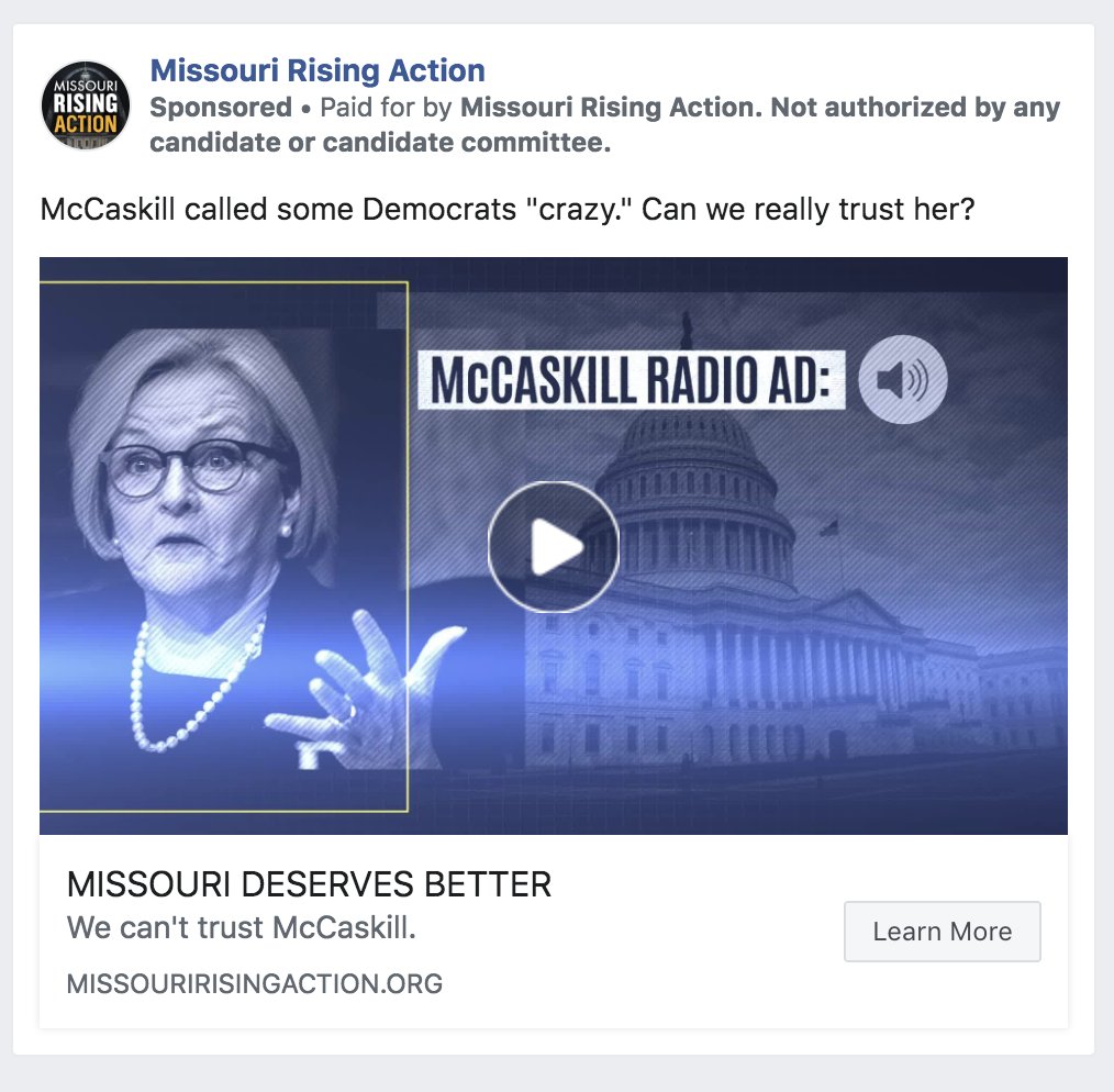 Robillard's tweet image. GOP group Missouri Rising Action is paying for Facebook ads, presumably targeted at Democrats, highlighting McCaskill’s “I’m not one of those crazy Democrats” radio ad.